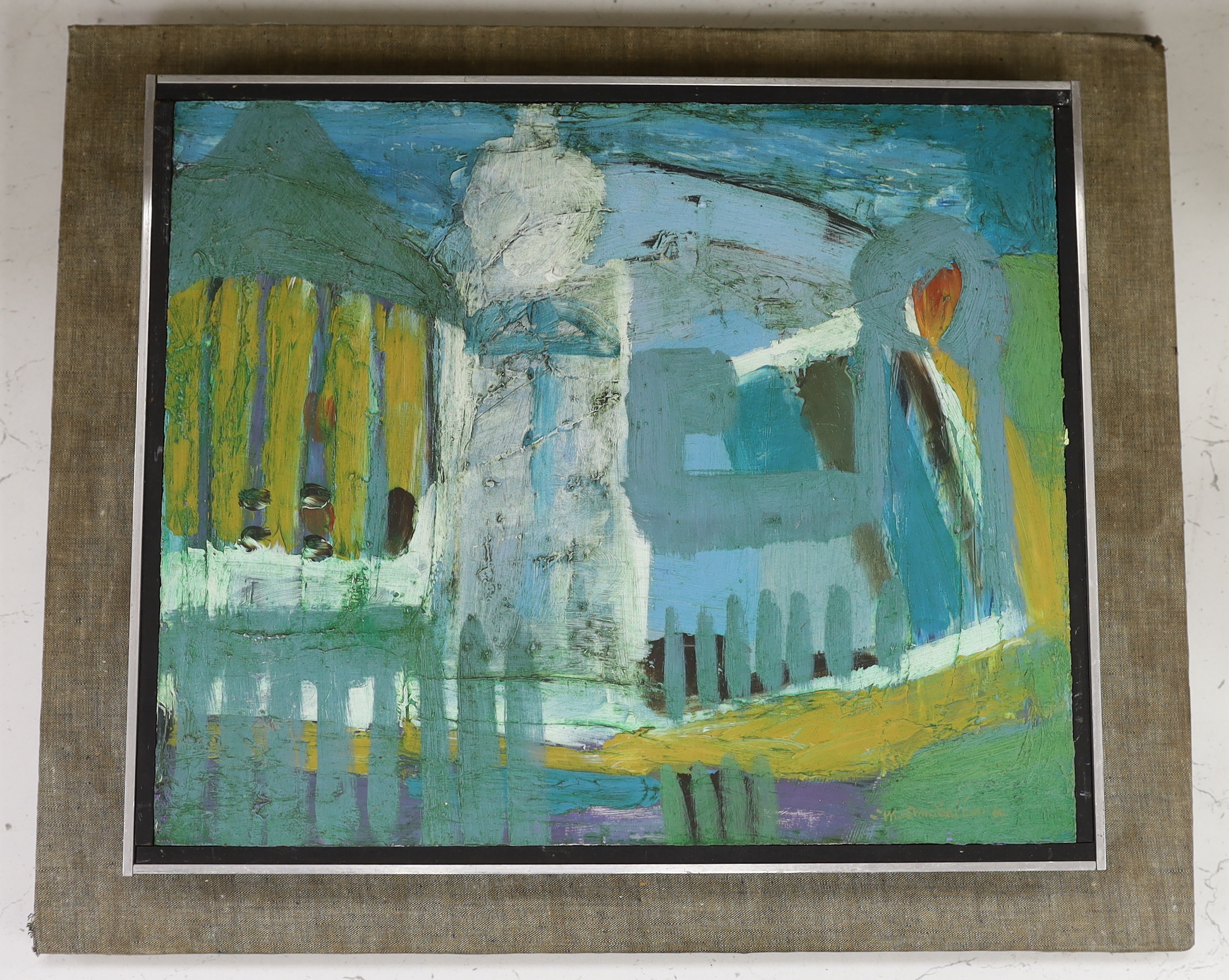 Padraig MacMiadhachain RWA (Irish, 1929-2017), oil on board, Mediterranean church, signed and dated '64, indistinctly inscribed verso, 25 x 30cm